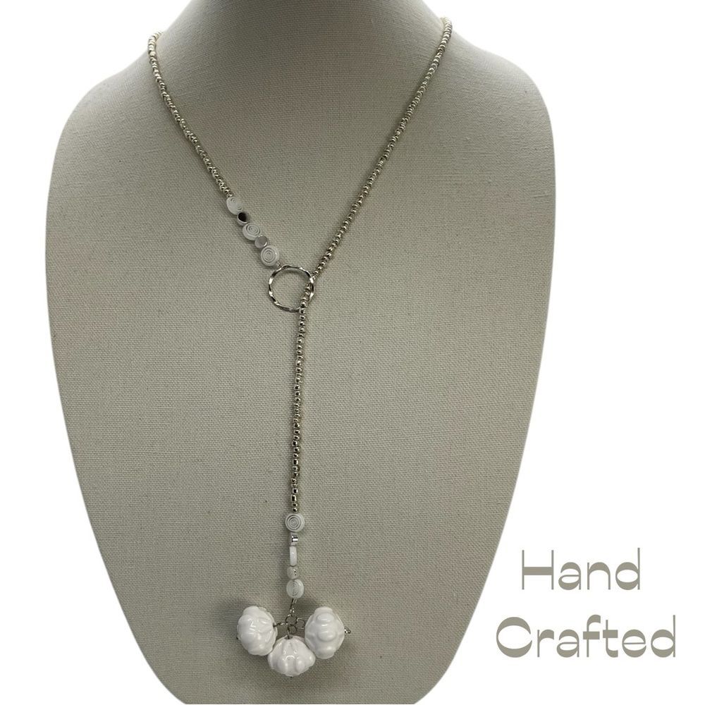 Hand Crafted White Silver Beaded Boho Chic Coastal Cowgirl Lariat Necklace NWT
